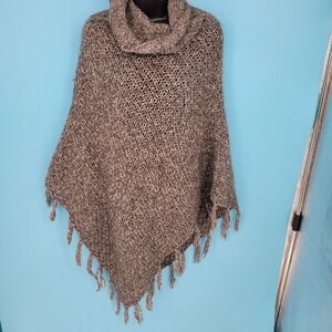 Lineamaglia Poncho Women OS Brown Wool Alpaca Knit Fringe Cowl Neck
